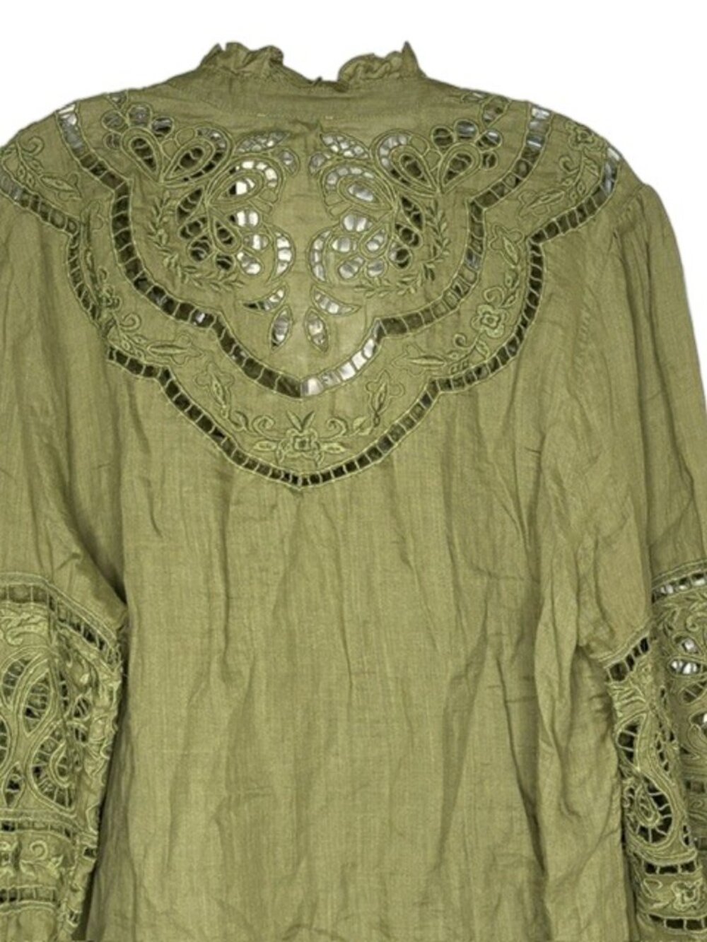 Sundance 2-Piece Embroidered Cutwork Full Sleeved Split Neck Top - XXL - Olive - Picture 6 of 12